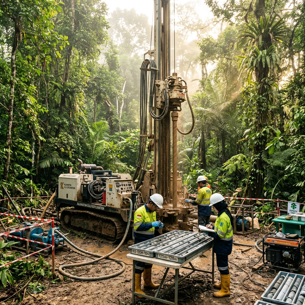 East Kalimantan gold exploration drilling rig deep in forest
