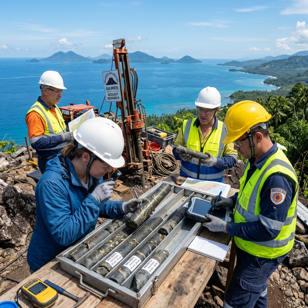 Geologists examining core mineral samples on a ridge in Manado